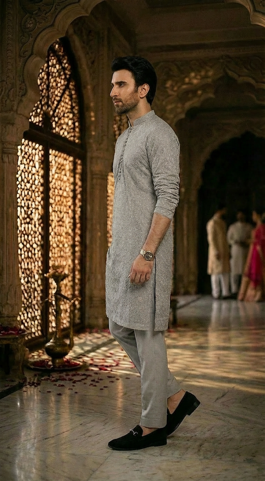 Silver Grey Men's kurta Pajama Set Embroidered (Chikan Kari)