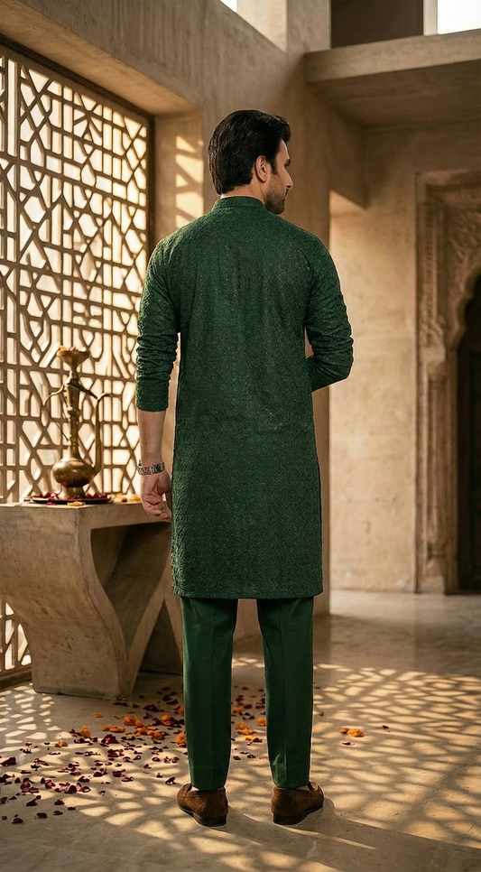 Bottle Green Men's kurta Pajama Set Embroidered (Chikan Kari)