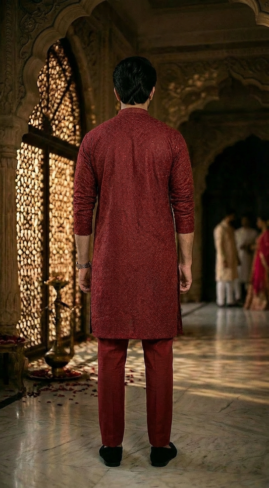 Maroon Men's kurta Pajama Set Embroidered (Chikan Kari)