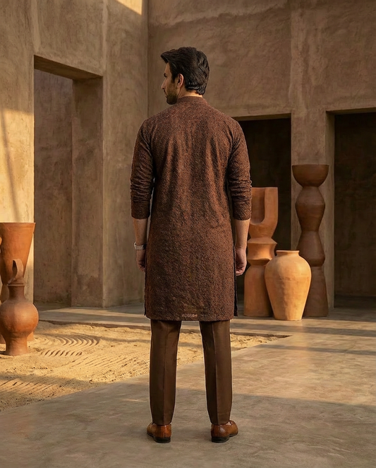 Brown Men's kurta Pajama Set Embroidered (Chikan Kari)