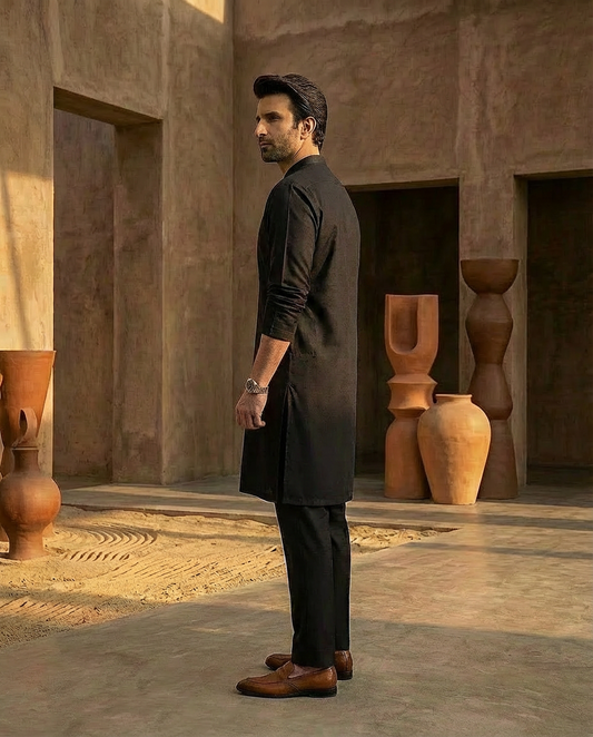 Black Men's kurta Pajama Set Embroidered (Chikan Kari)