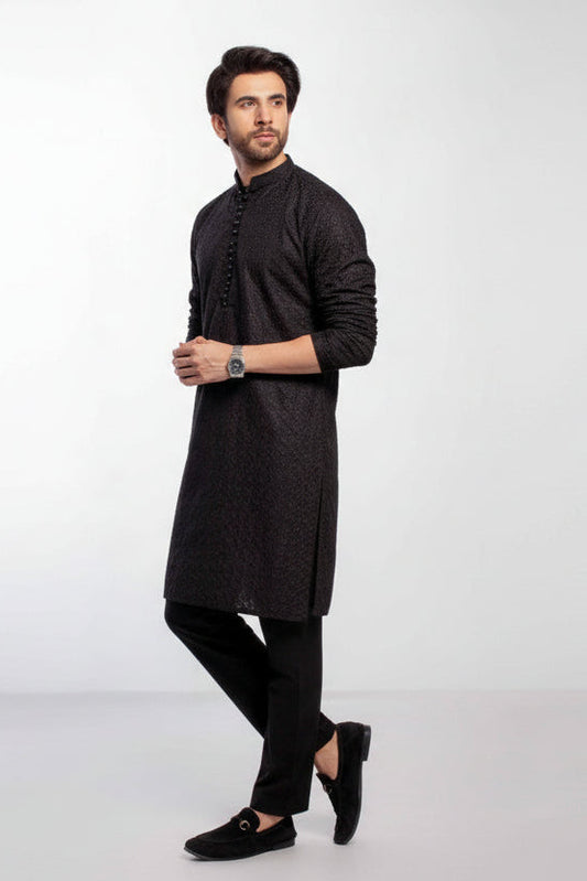 Black Men's kurta Pajama Set Embroidered (Chikan Kari)