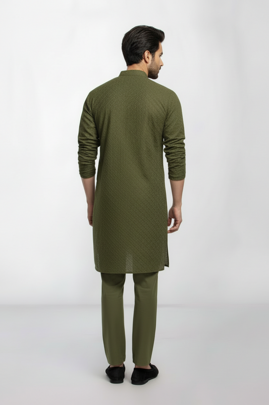 Mehendi Green Men's kurta Pajama Embroidered (Chikan Kari)