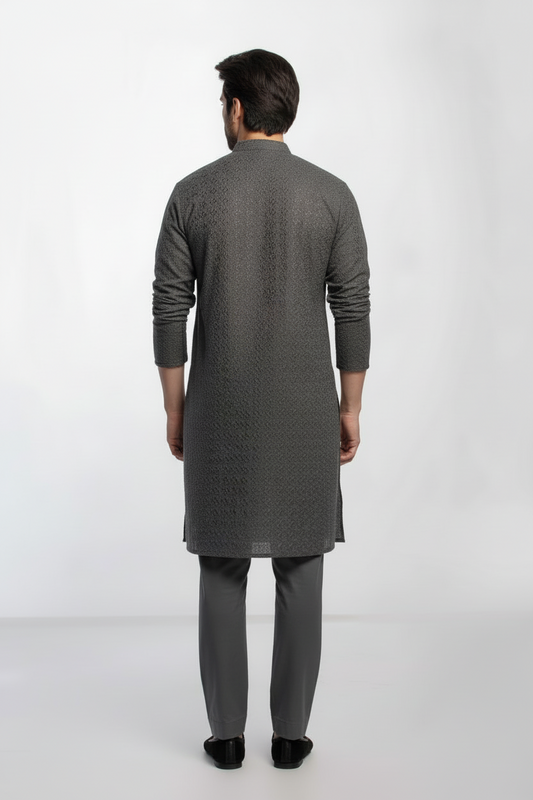 Graphite Grey Men's kurta Pajama Embroidered (Chikan Kari)