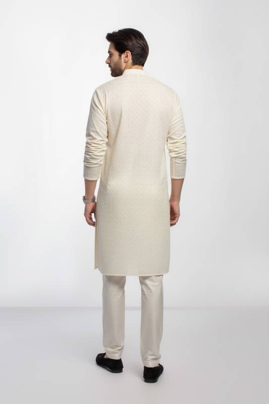 Off white Men's kurta Pajama Embroidered (Chikan Kari)