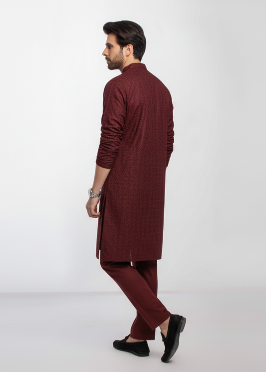 Maroon Men's kurta Pajama Embroidered (Chikan Kari)