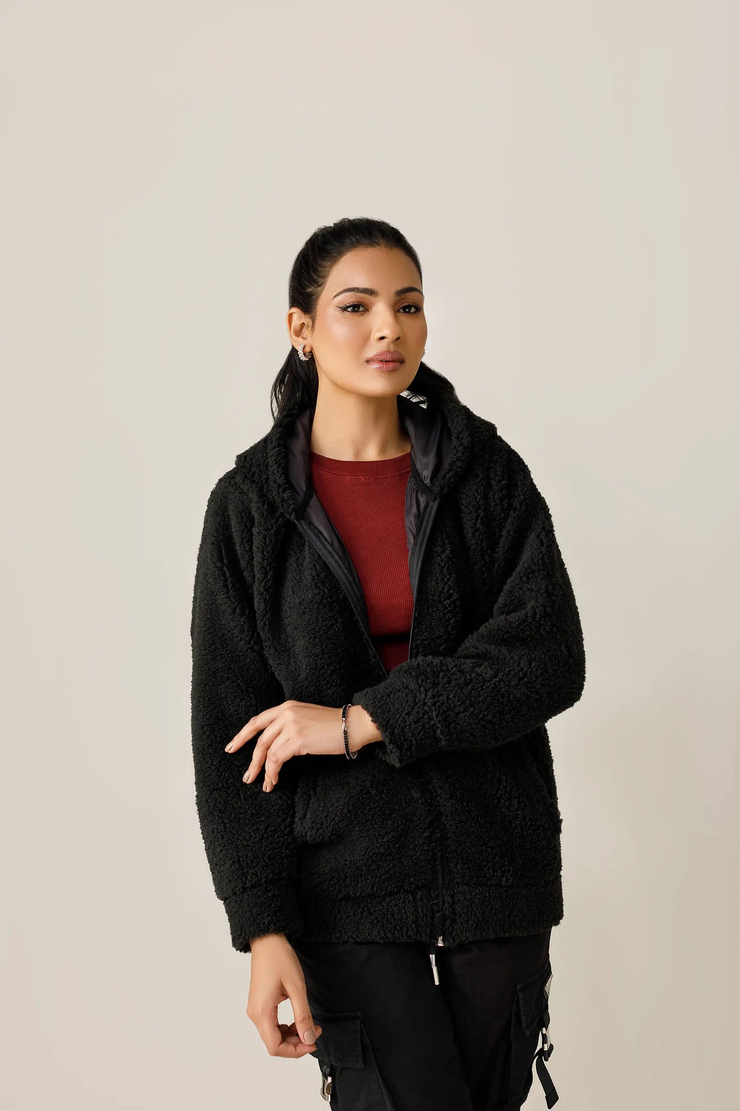 Black Cute Fur zipper Hoodie