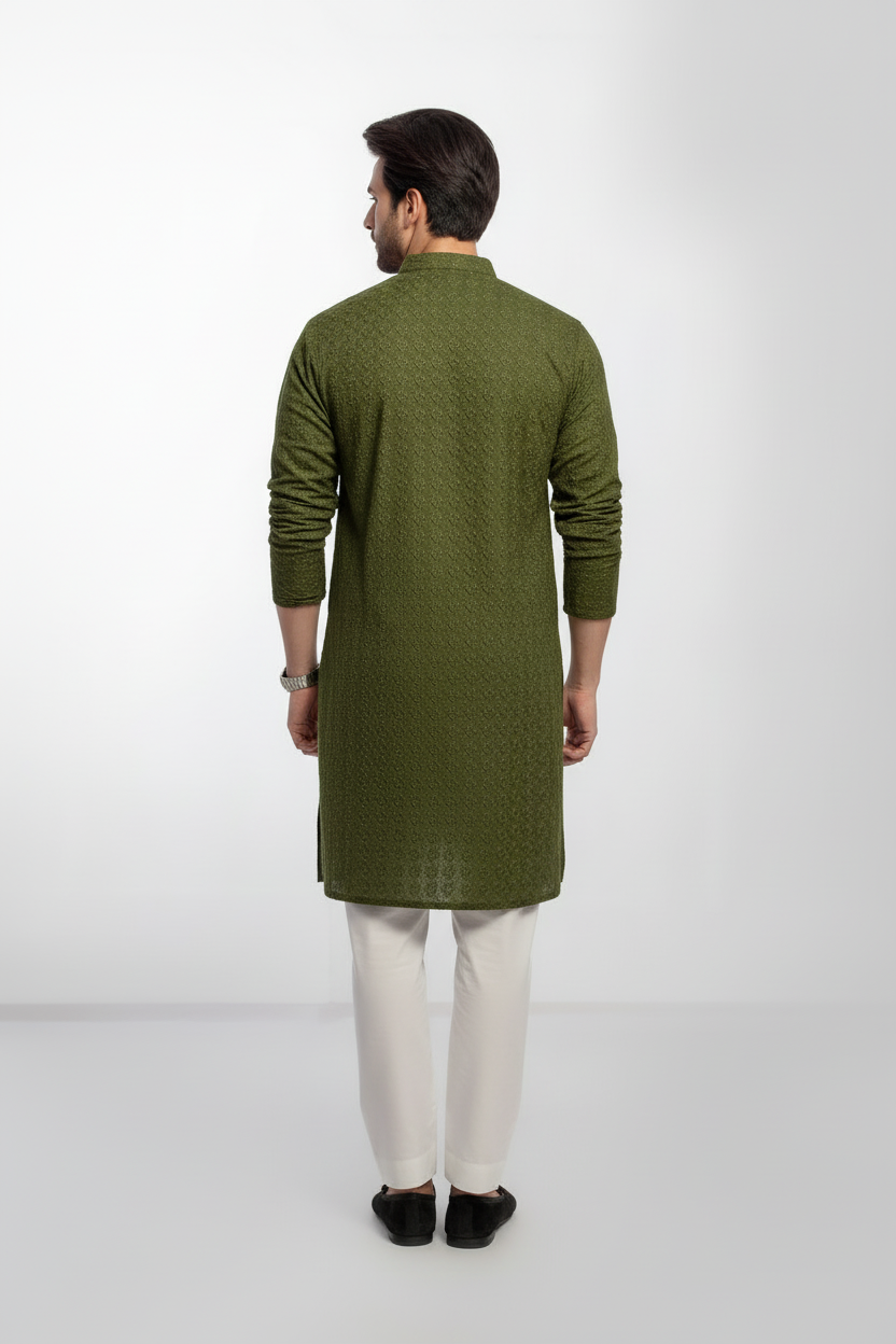 Mehendi Green Men's kurta Embroidered (Chikan Kari)