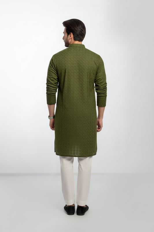 Mehendi Green Men's kurta Embroidered (Chikan Kari)