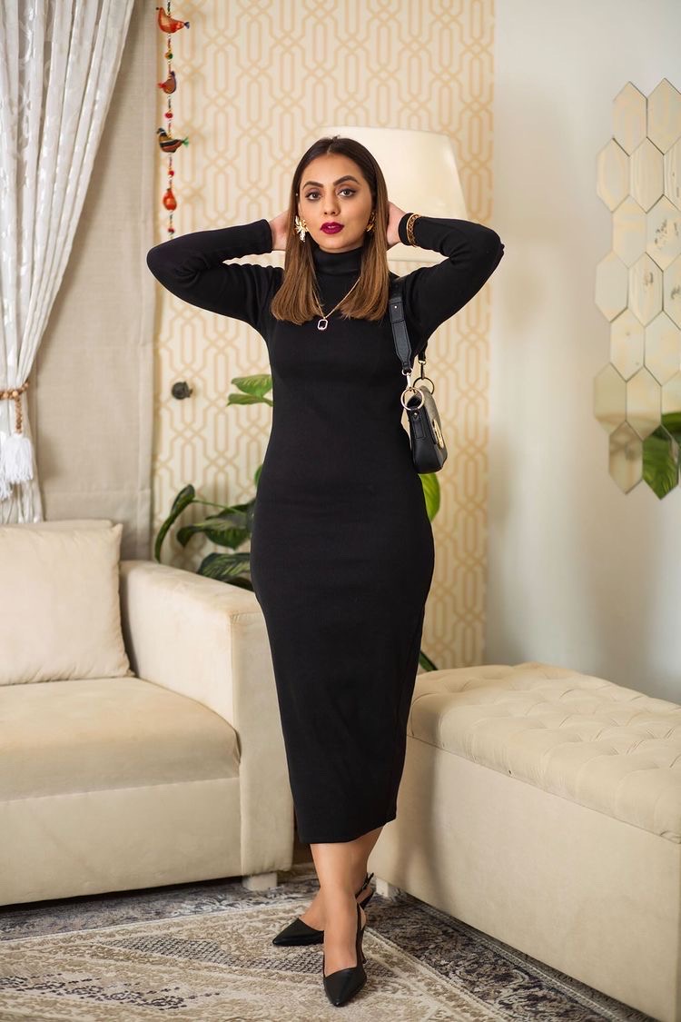 Black Dress Long Sleeve Ankle Length Bodycon Dress Black