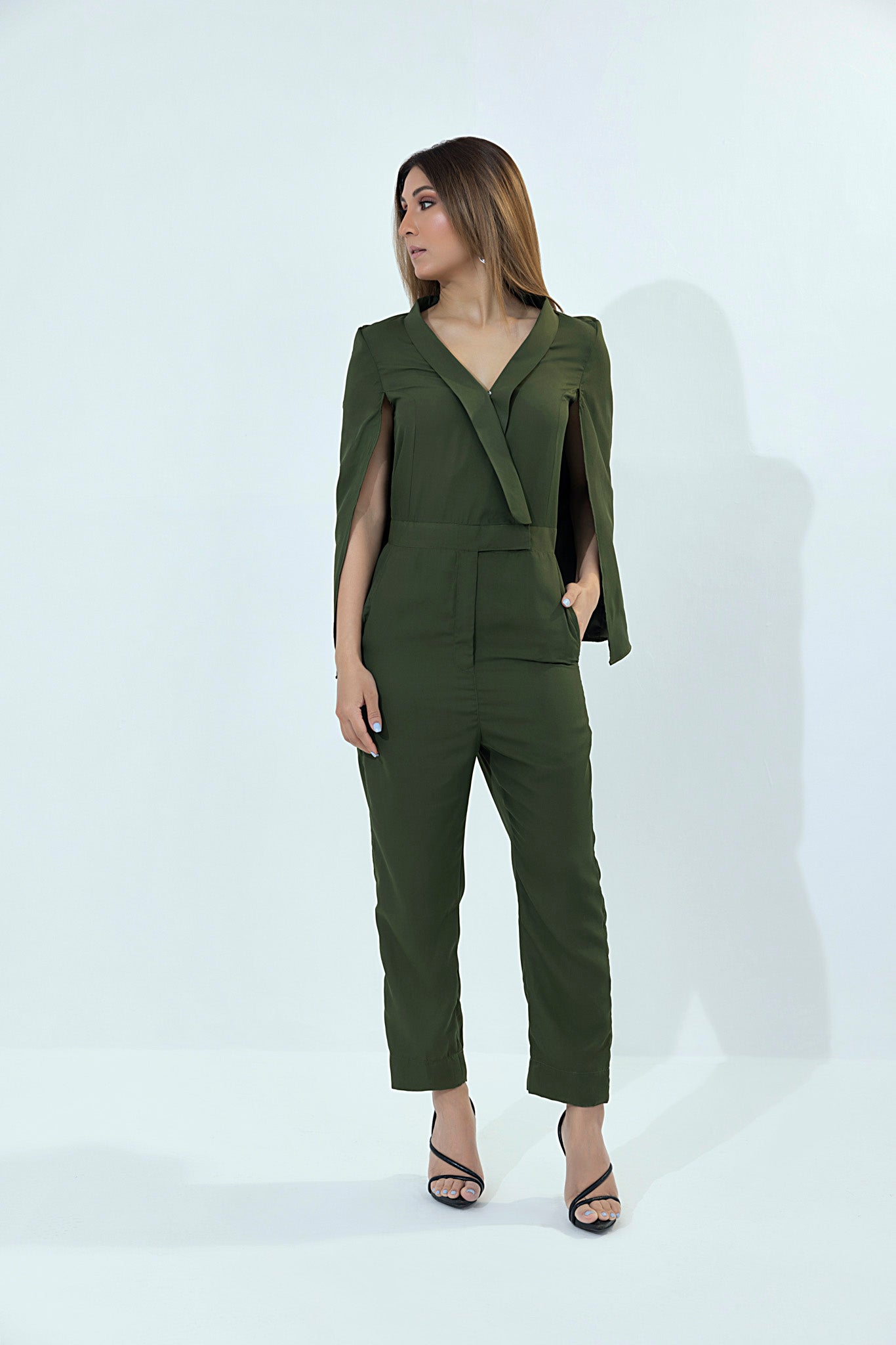 Women's georgette olive green jumpsuit.