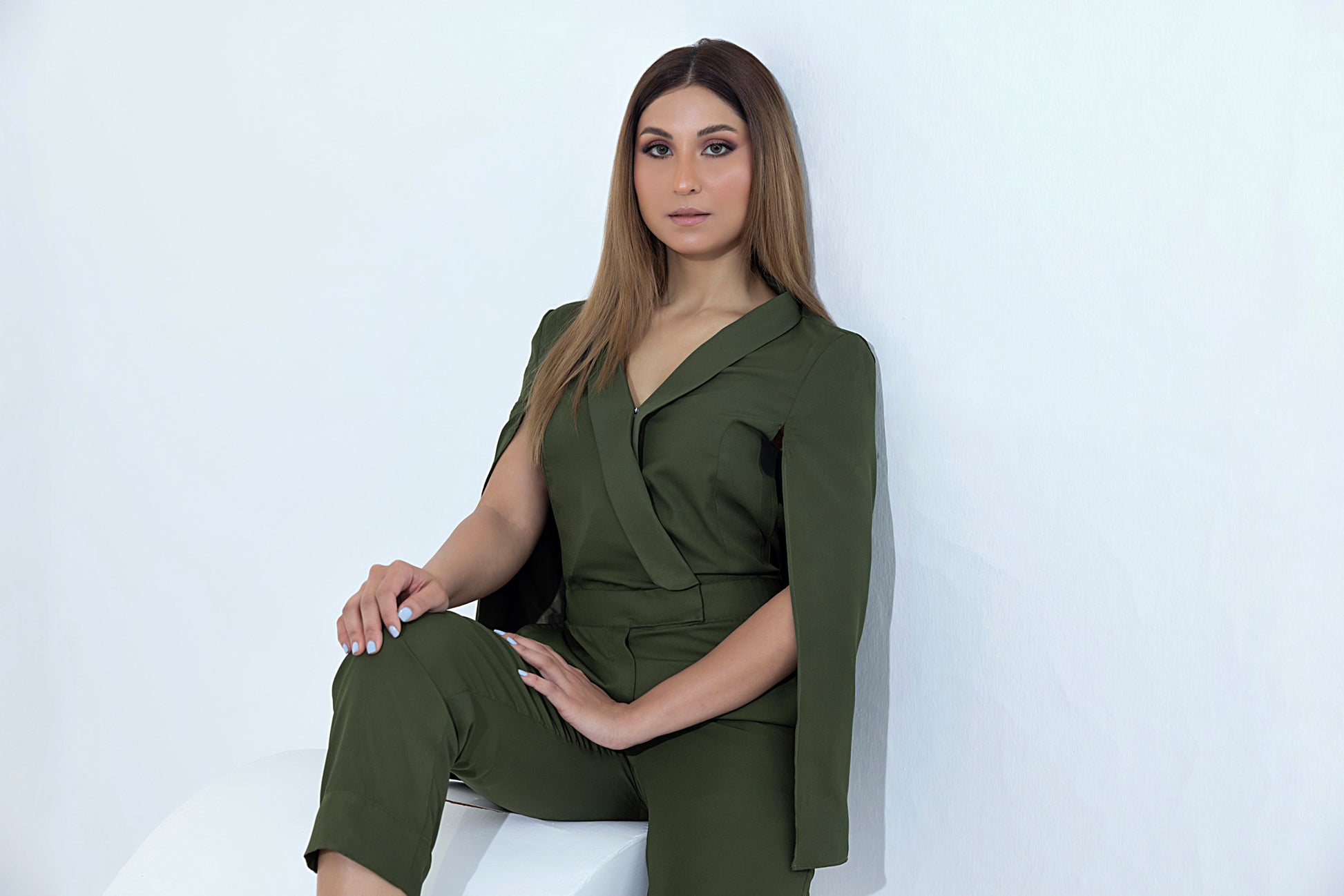 Women's georgette olive green jumpsuit.