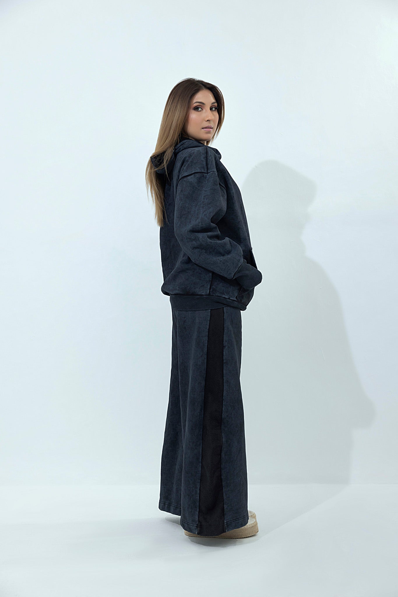 Women's black stone washed fleece with face mask tracksuit.