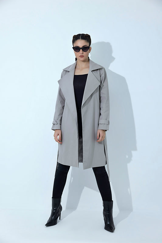 Women's twill elegant grey trenchcoat.