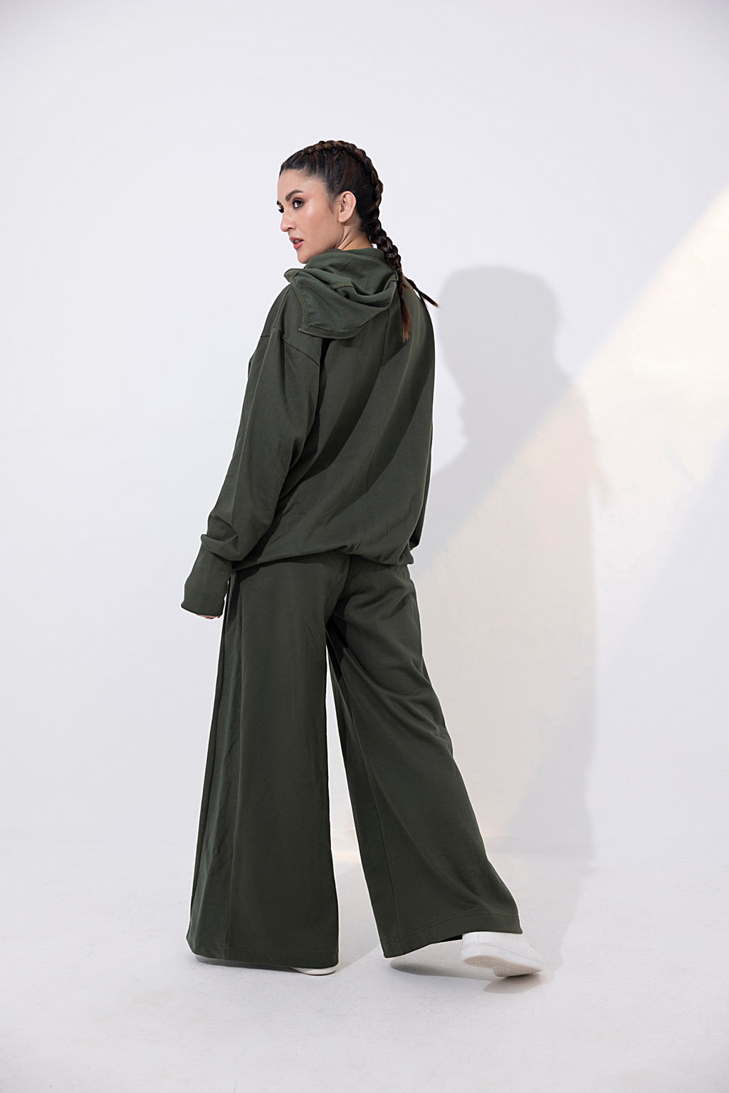 Women's dark green fleece with face mask tracksuit.