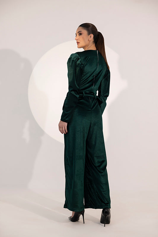 Women's green velvet jumpsuit.