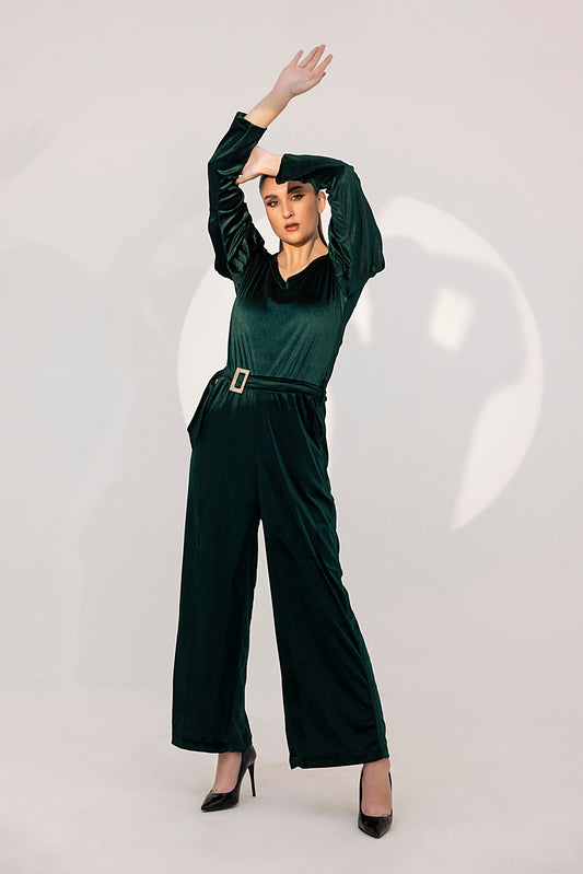Women's green velvet jumpsuit.