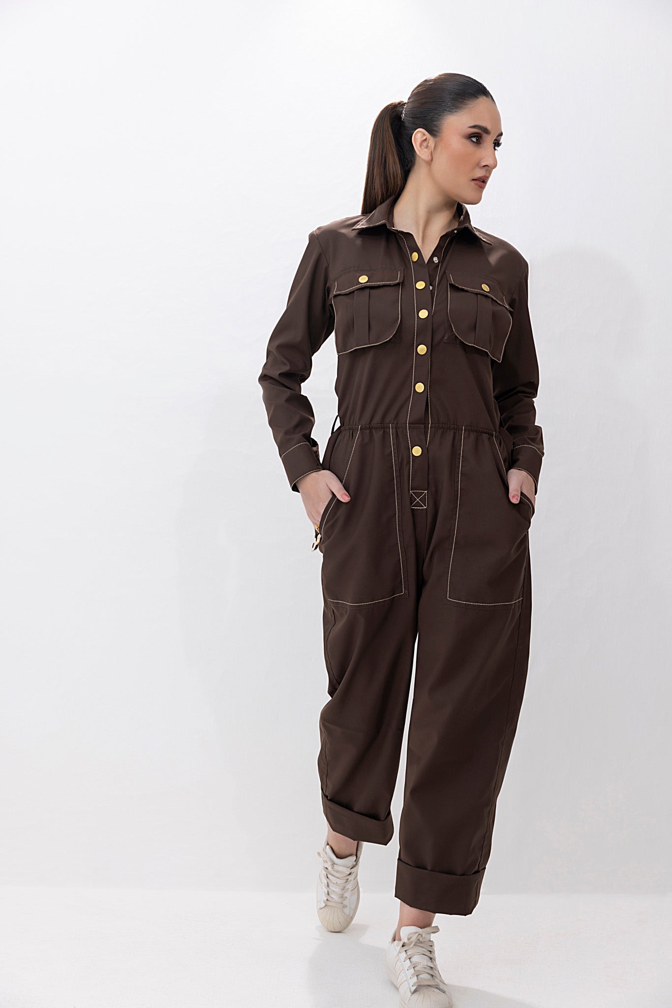 Women's twill chocolate brown jumpsuit. 