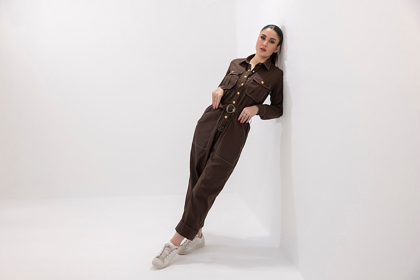 Women's twill chocolate brown jumpsuit. 