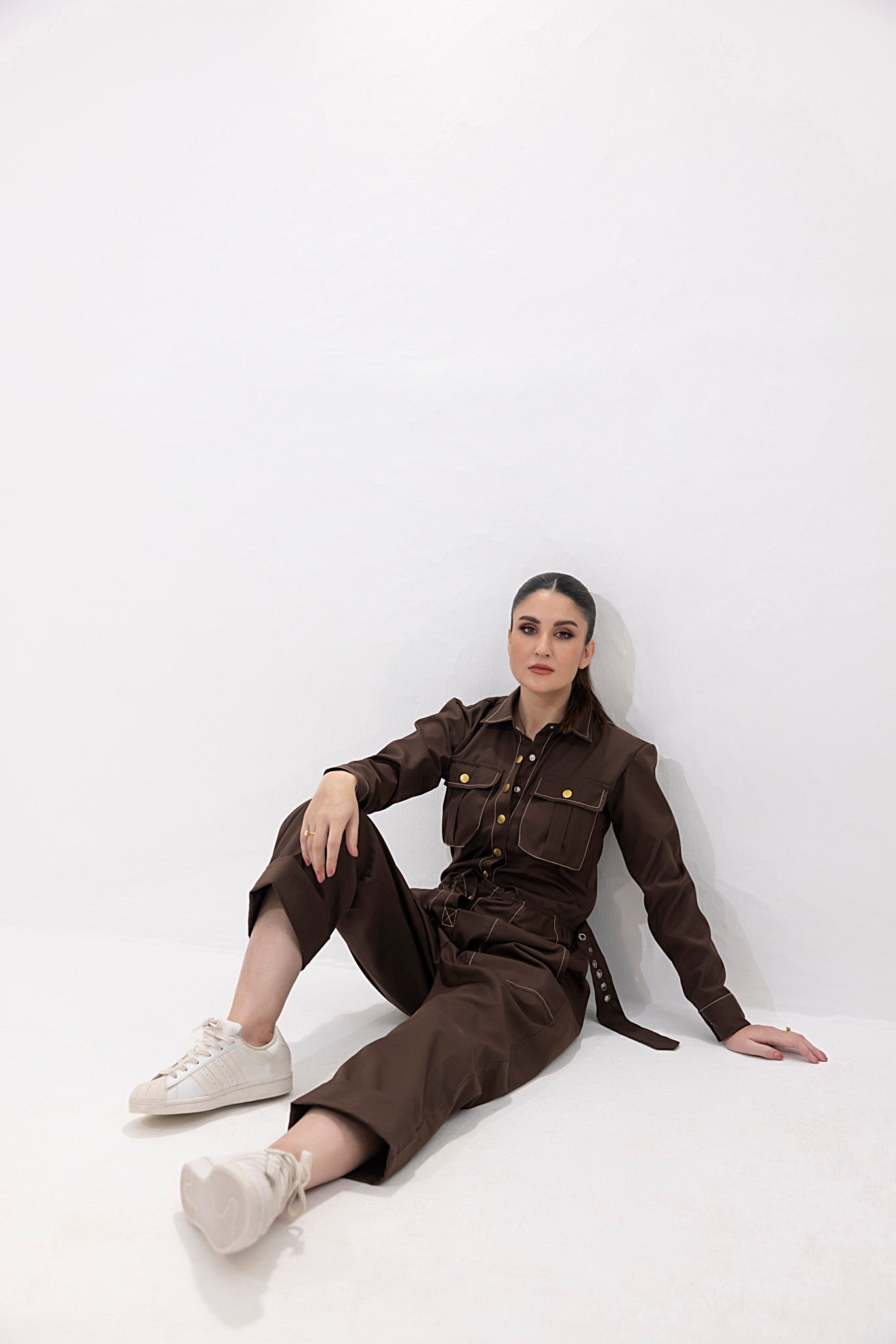 Women's twill chocolate brown jumpsuit. 