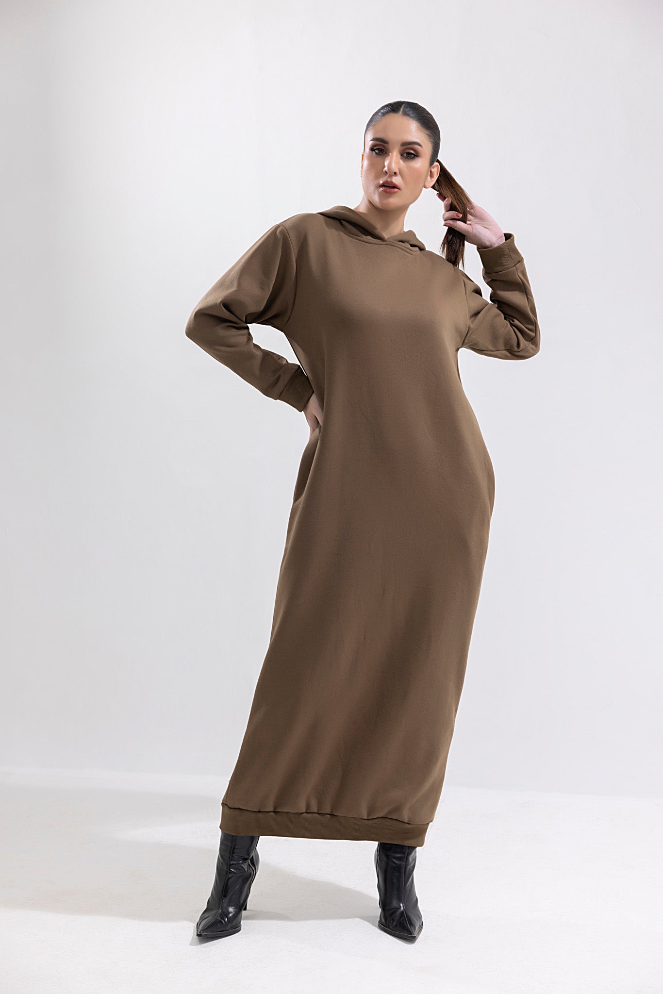 Women's hooded rib brown bodycon. 