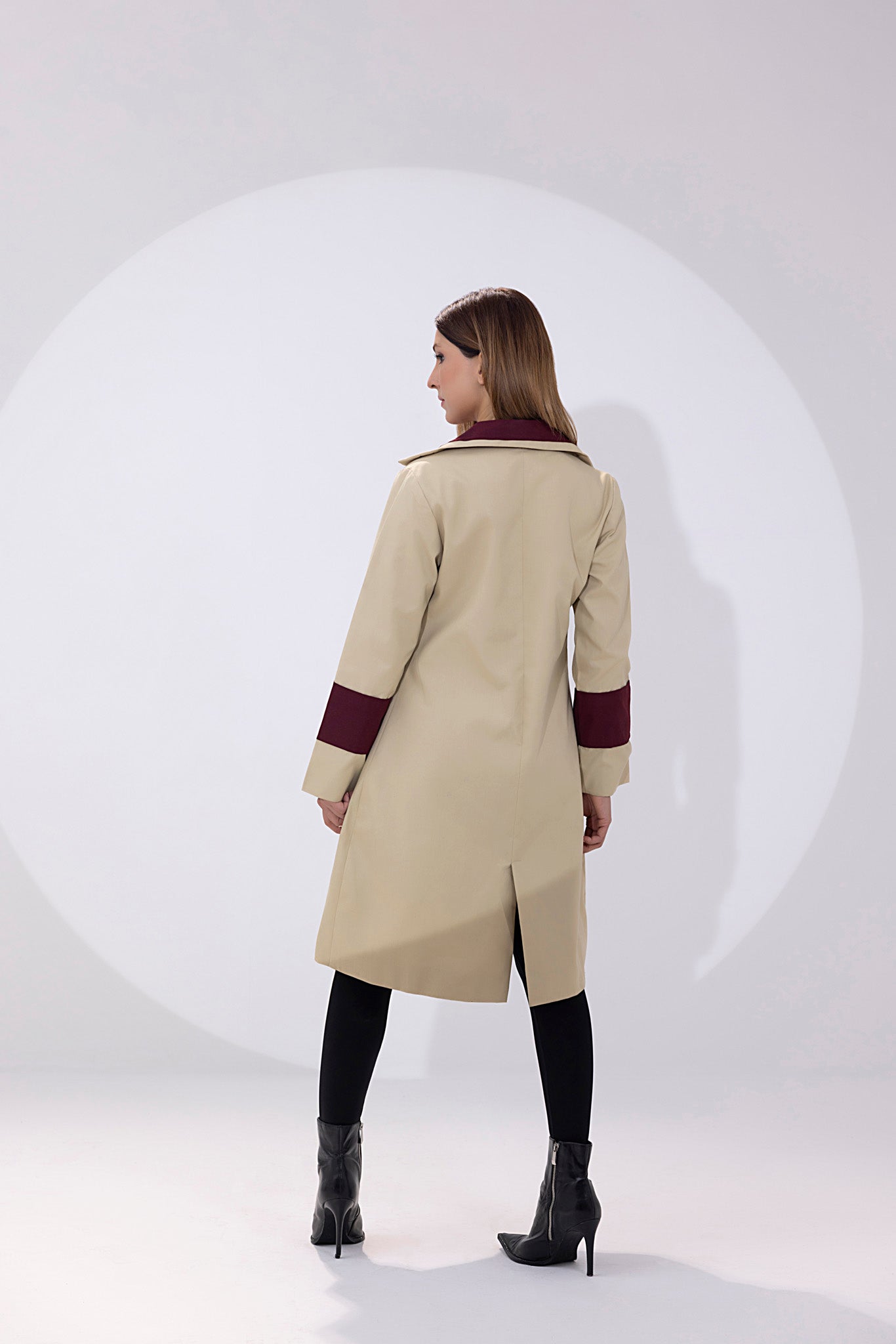 Women's twill elegant light brown and maroon trenchcoat.