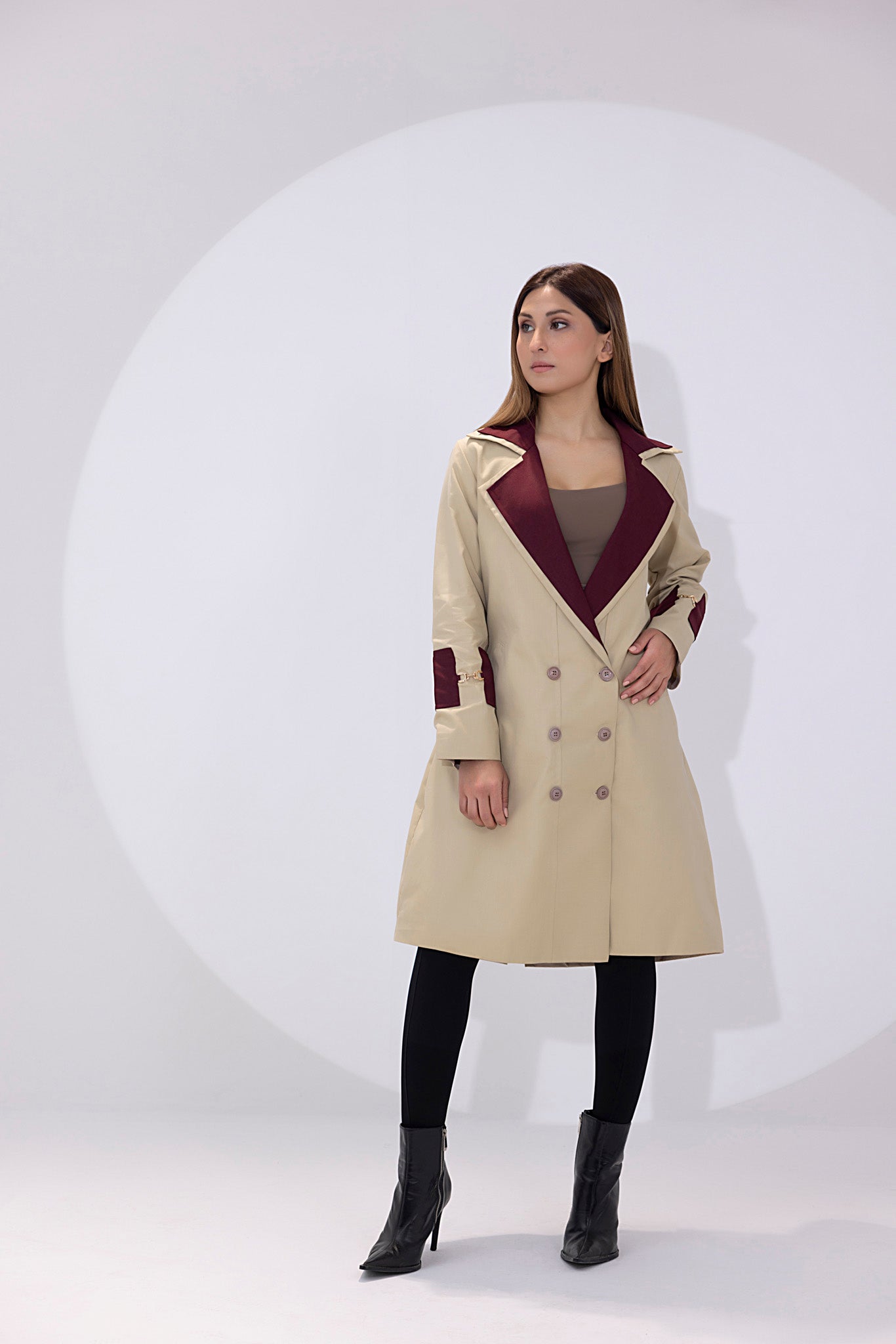 Women's twill elegant light brown and maroon trenchcoat.