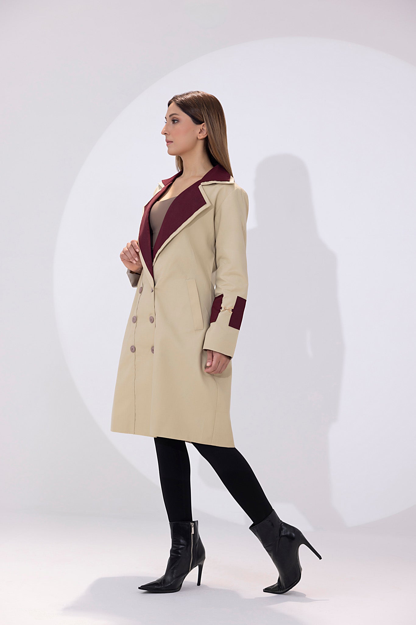 Women's twill elegant light brown and maroon trenchcoat.