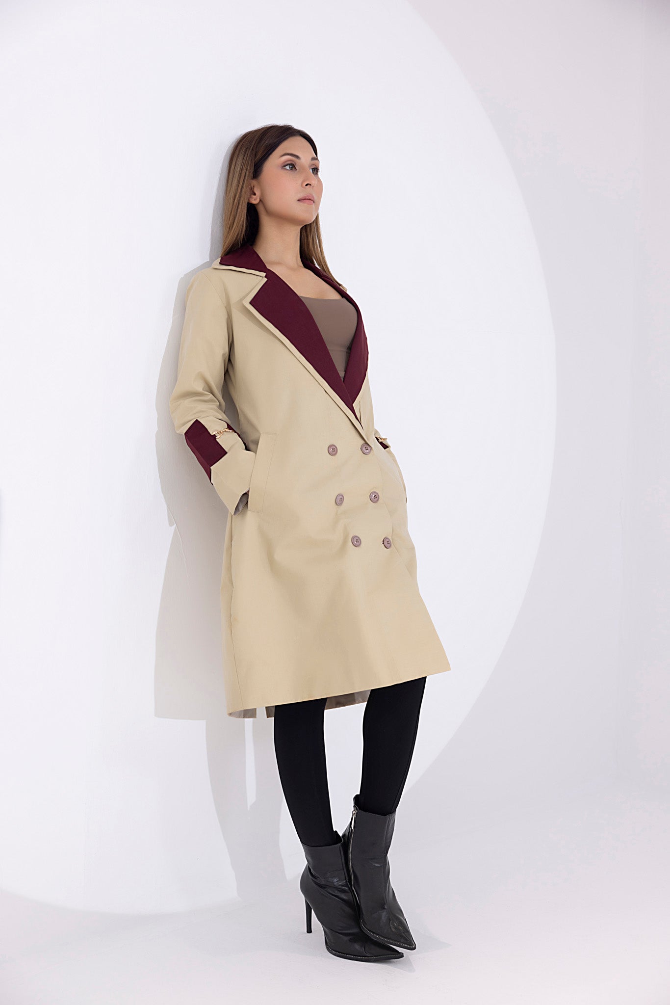 Women's twill elegant light brown and maroon trenchcoat.