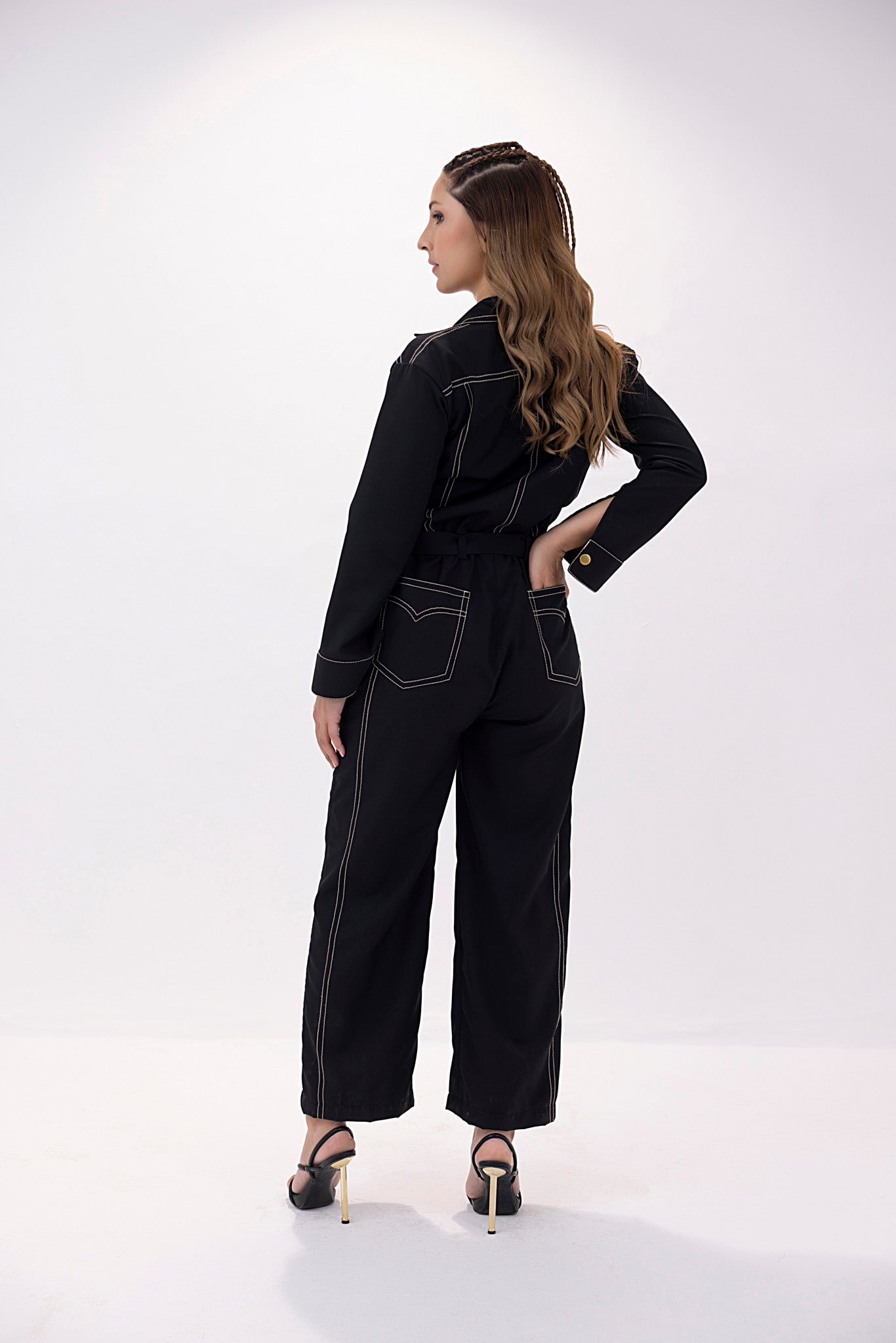 Women's twill black jumpsuit.