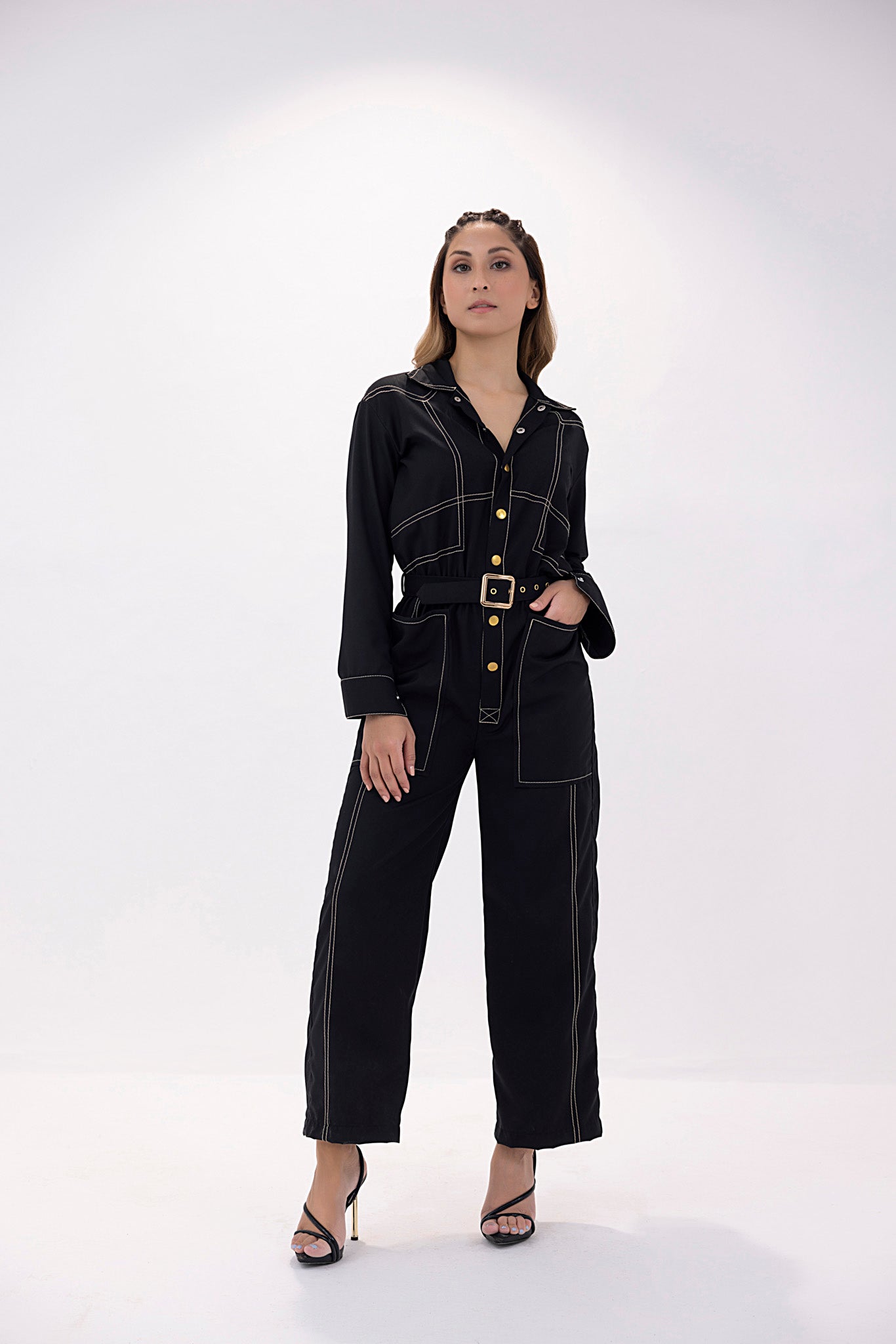 Women's twill black jumpsuit.