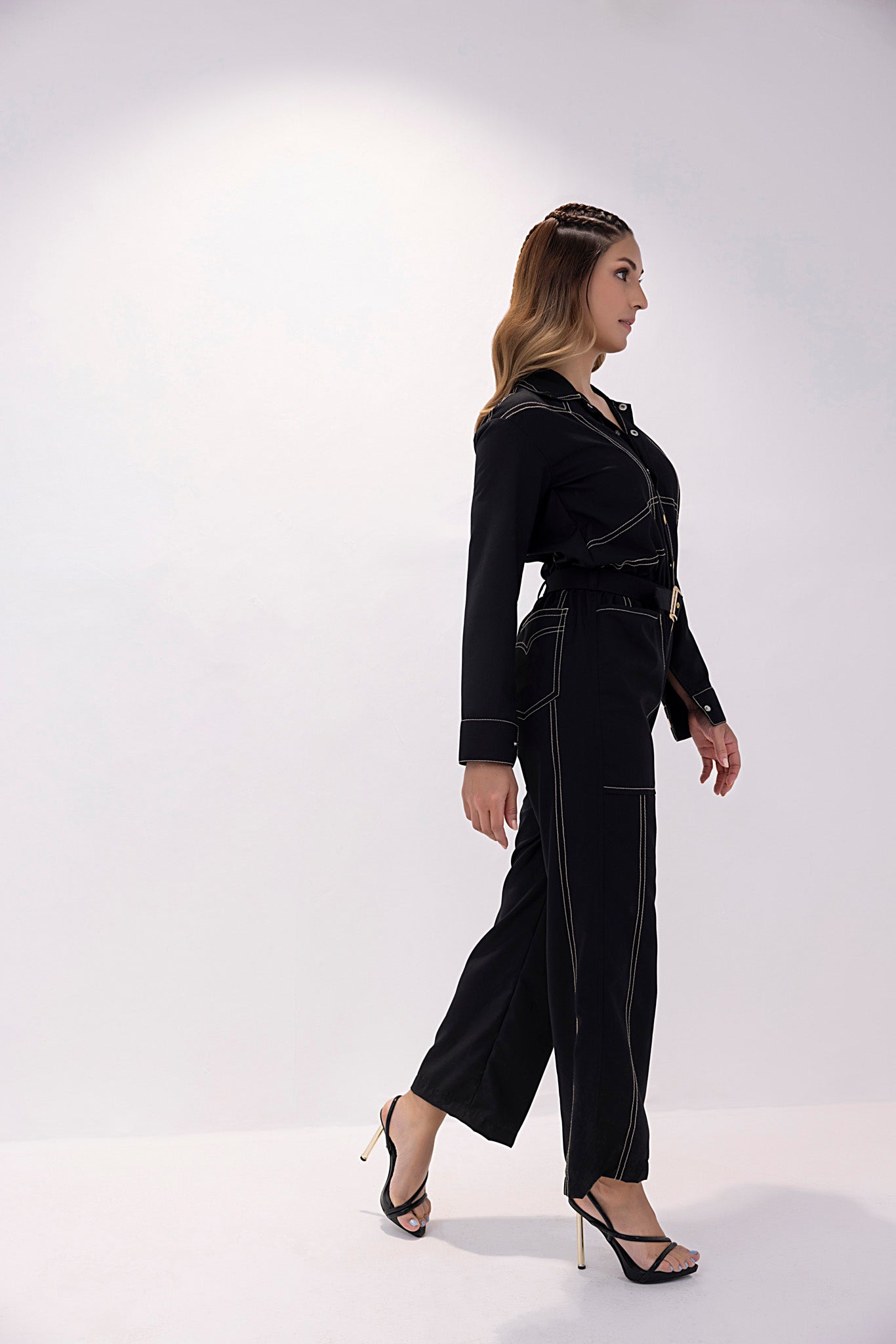 Women's twill black jumpsuit.