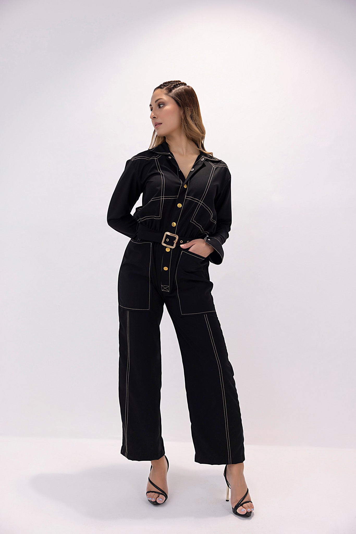 Women's twill black jumpsuit.