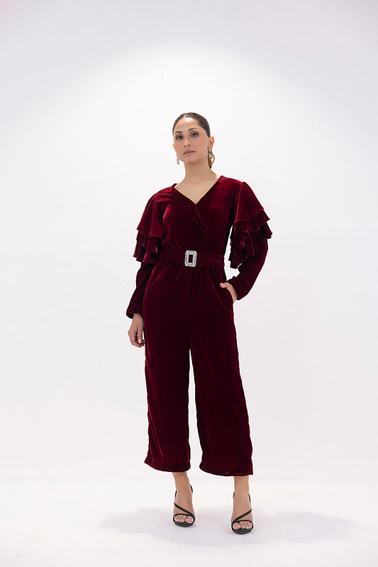 Women's velvet maroon jumpsuit. 