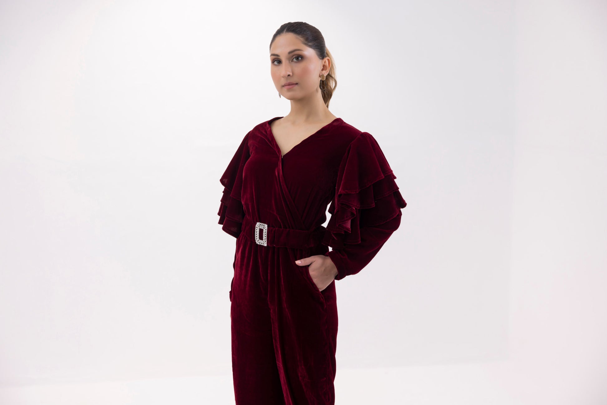 Women's velvet maroon jumpsuit. 