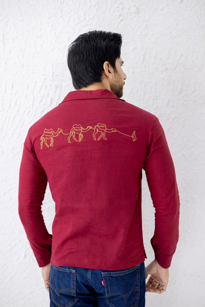 Men's maroon embroidered irish cotton shirt