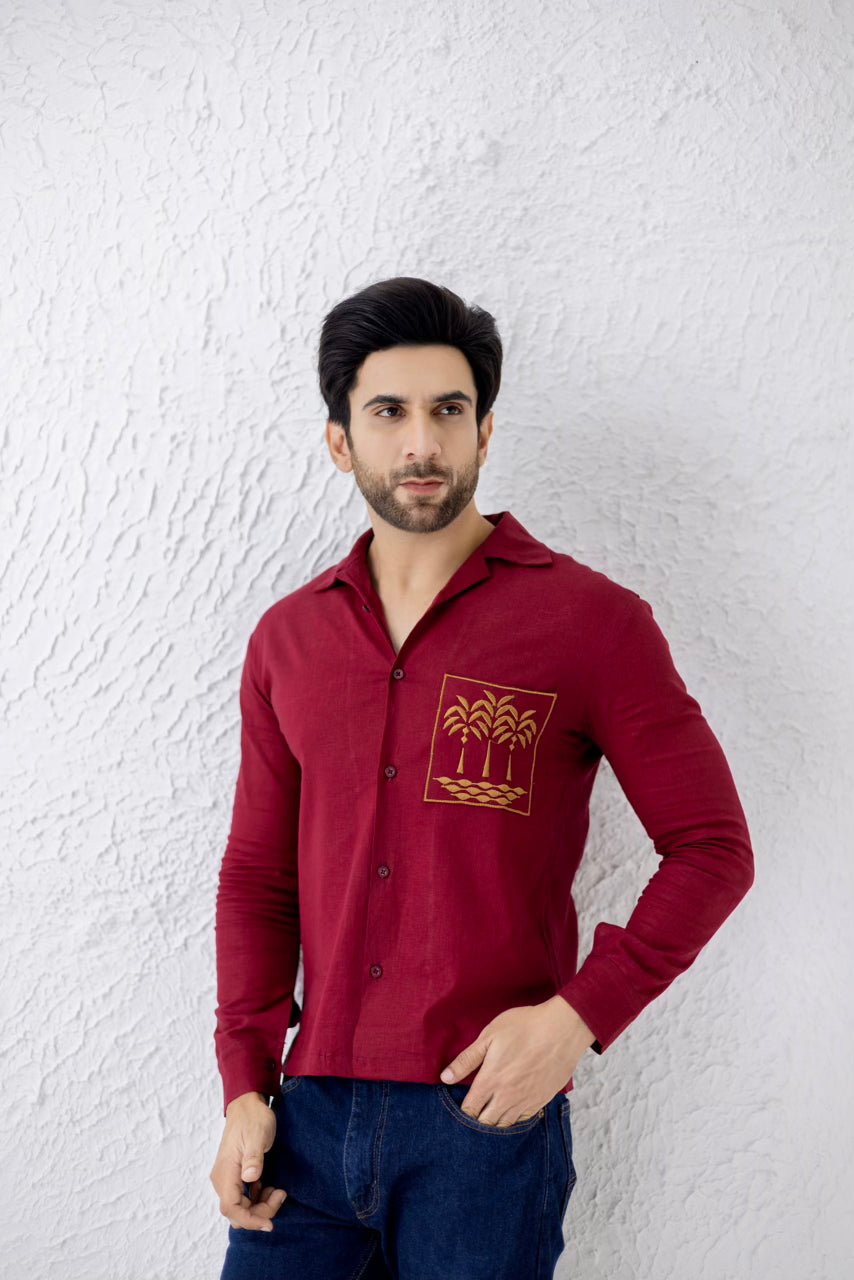 Men's maroon embroidered irish cotton shirt