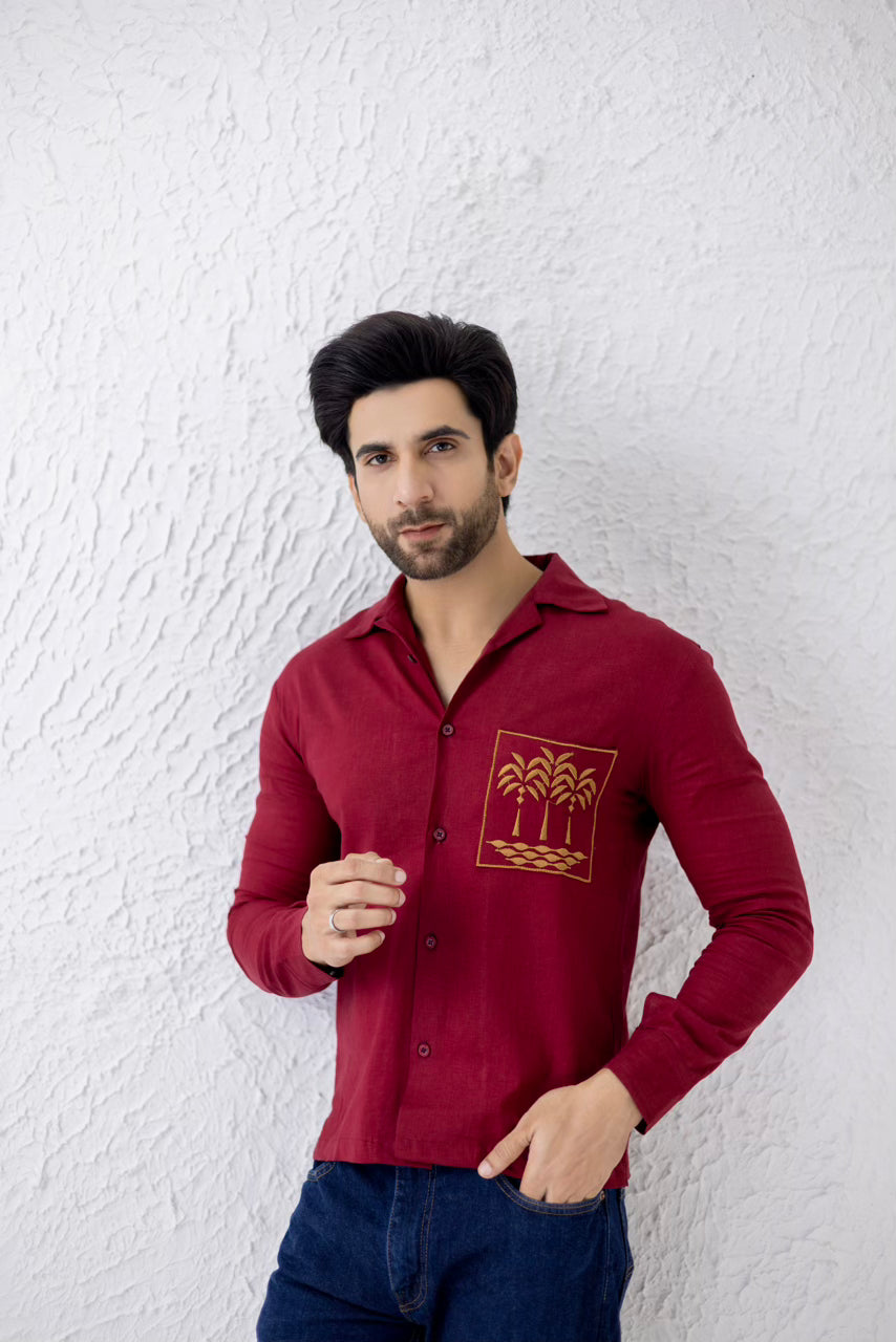 Men's maroon embroidered irish cotton shirt