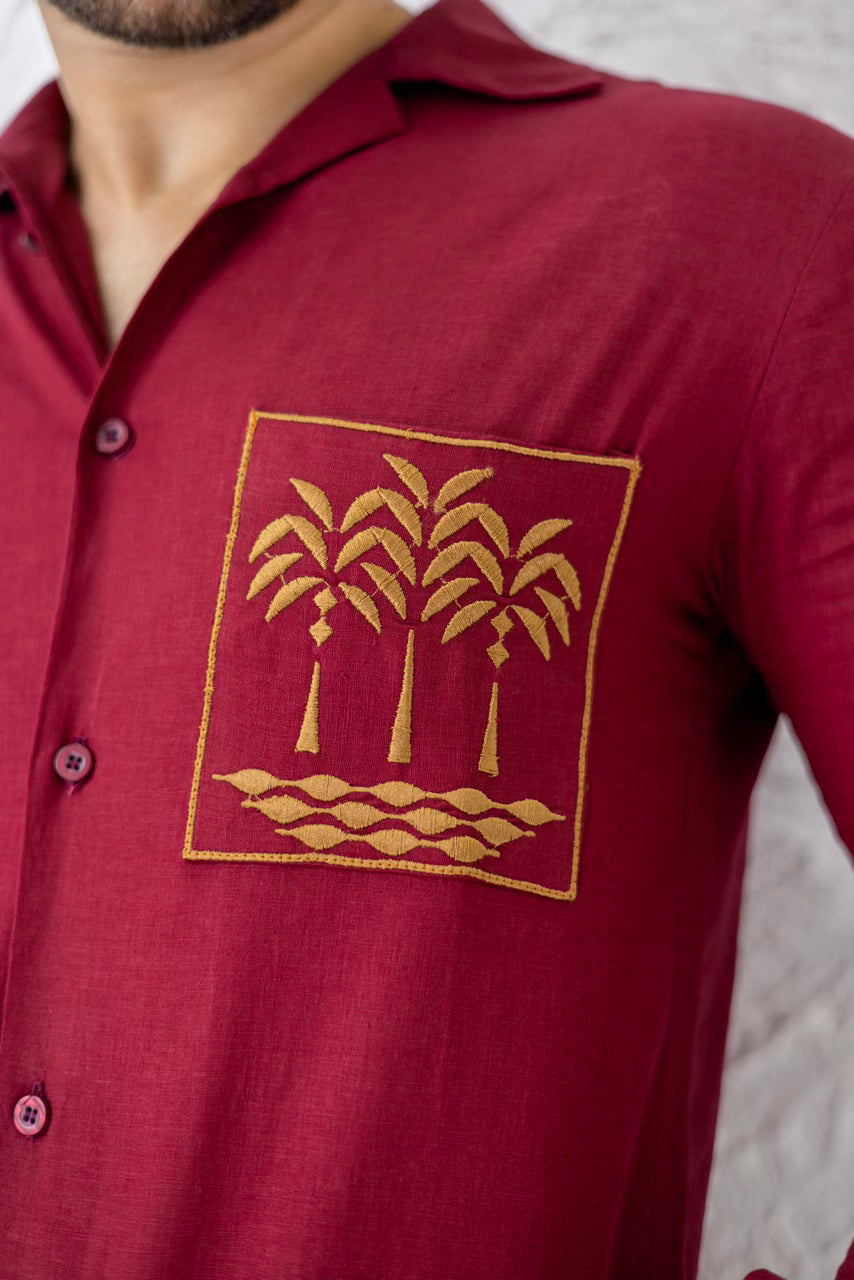 Men's maroon embroidered irish cotton shirt