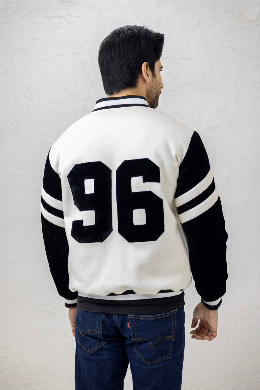 Black & white men's bomber jacket.