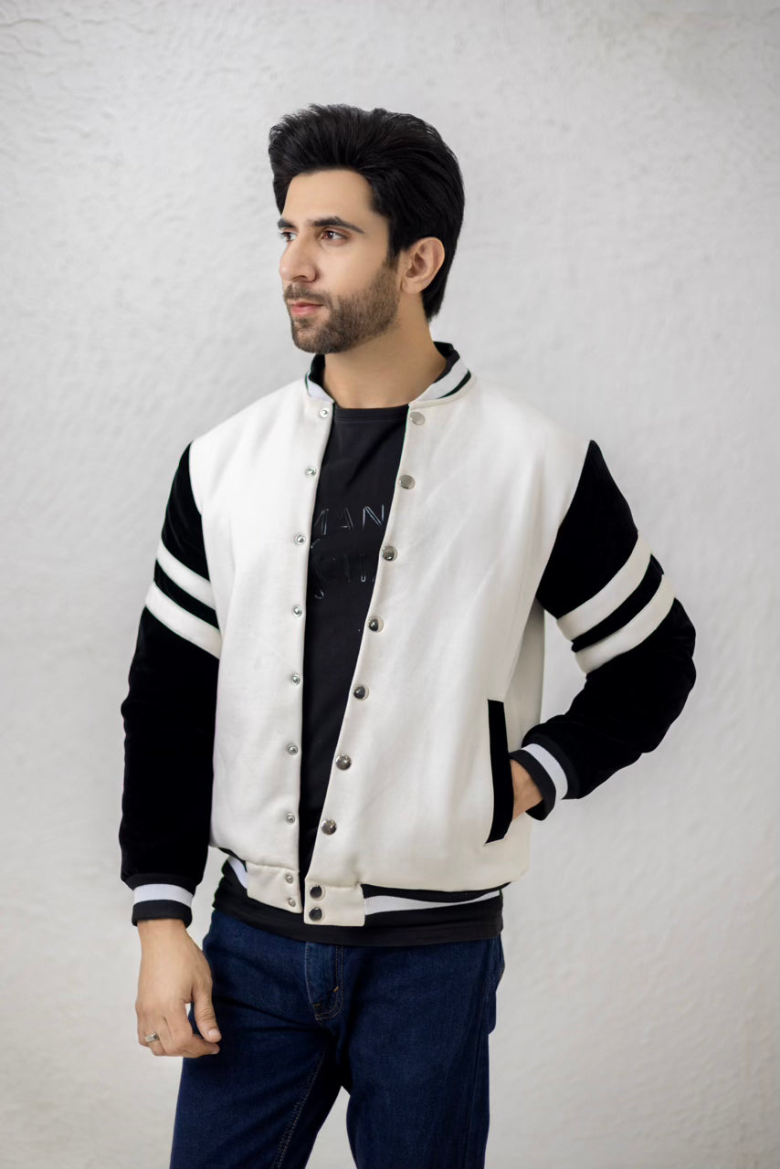 Black & white men's bomber jacket.