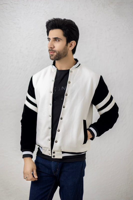 Black & white men's bomber jacket.