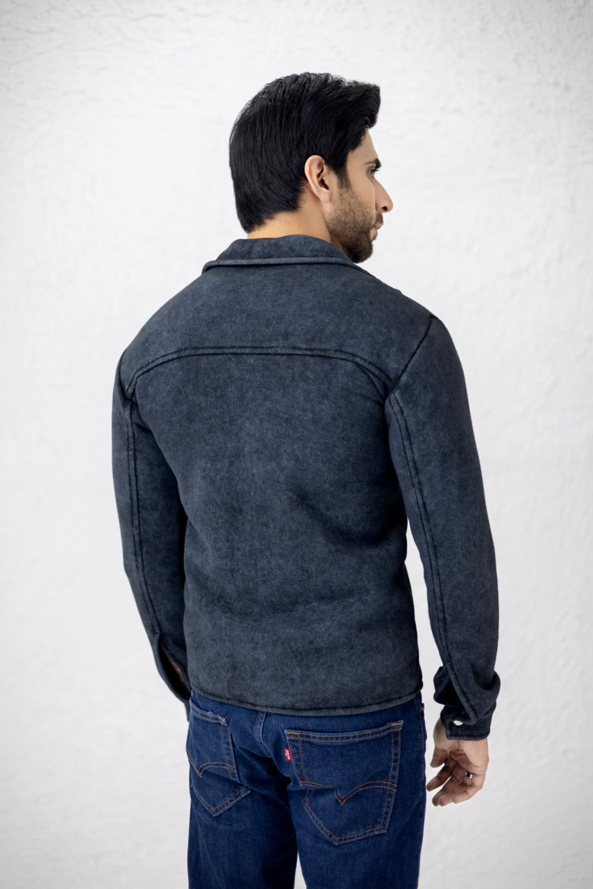 Stone washed black fleece man's jacket