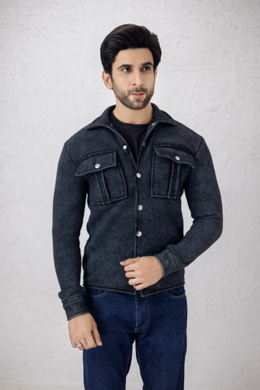 Stone washed black fleece man's jacket