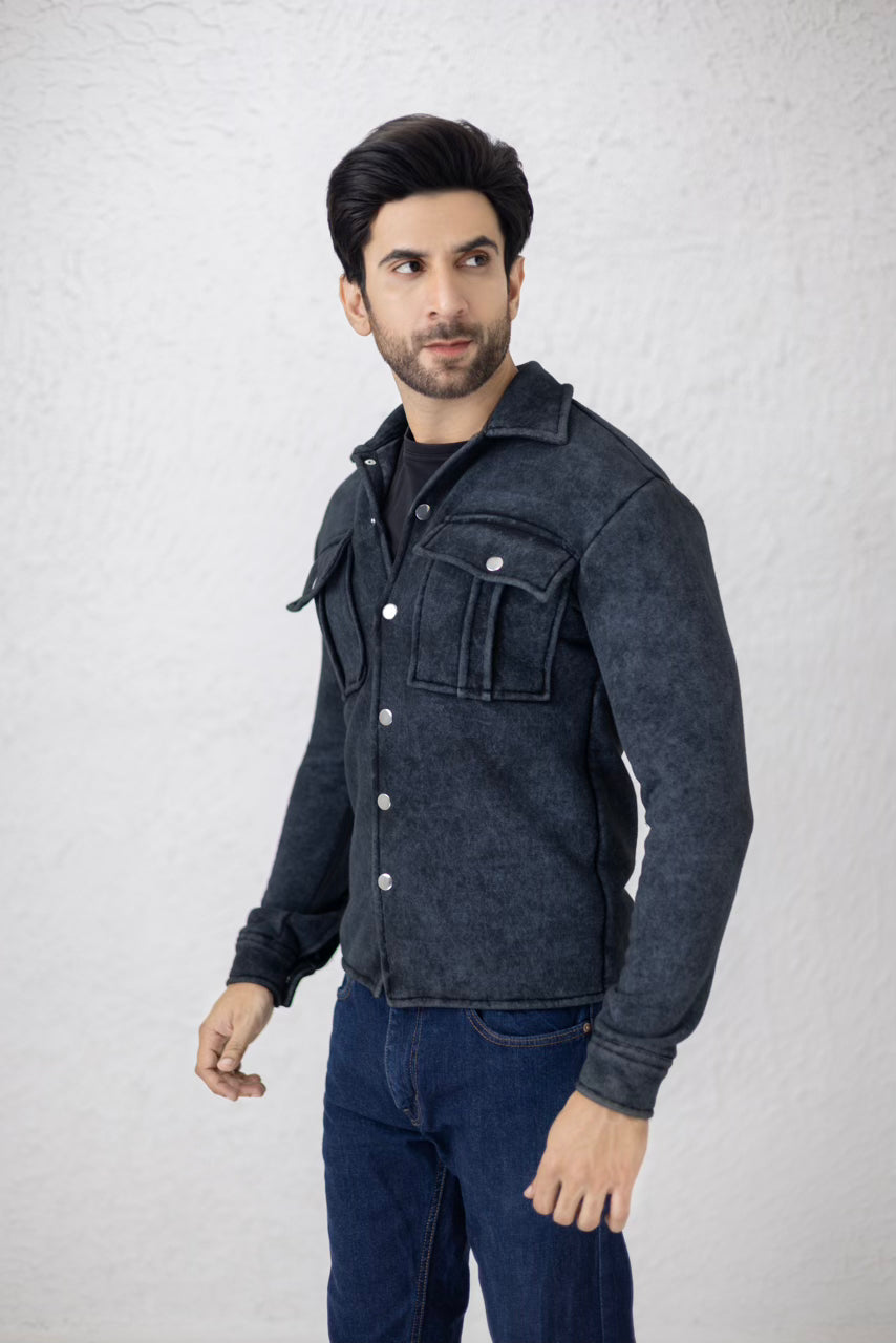 Stone washed black fleece man's jacket