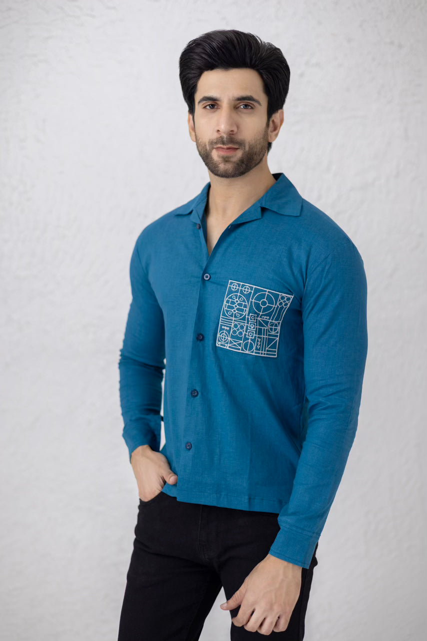 Men's blue embroidered irish cotton shirt