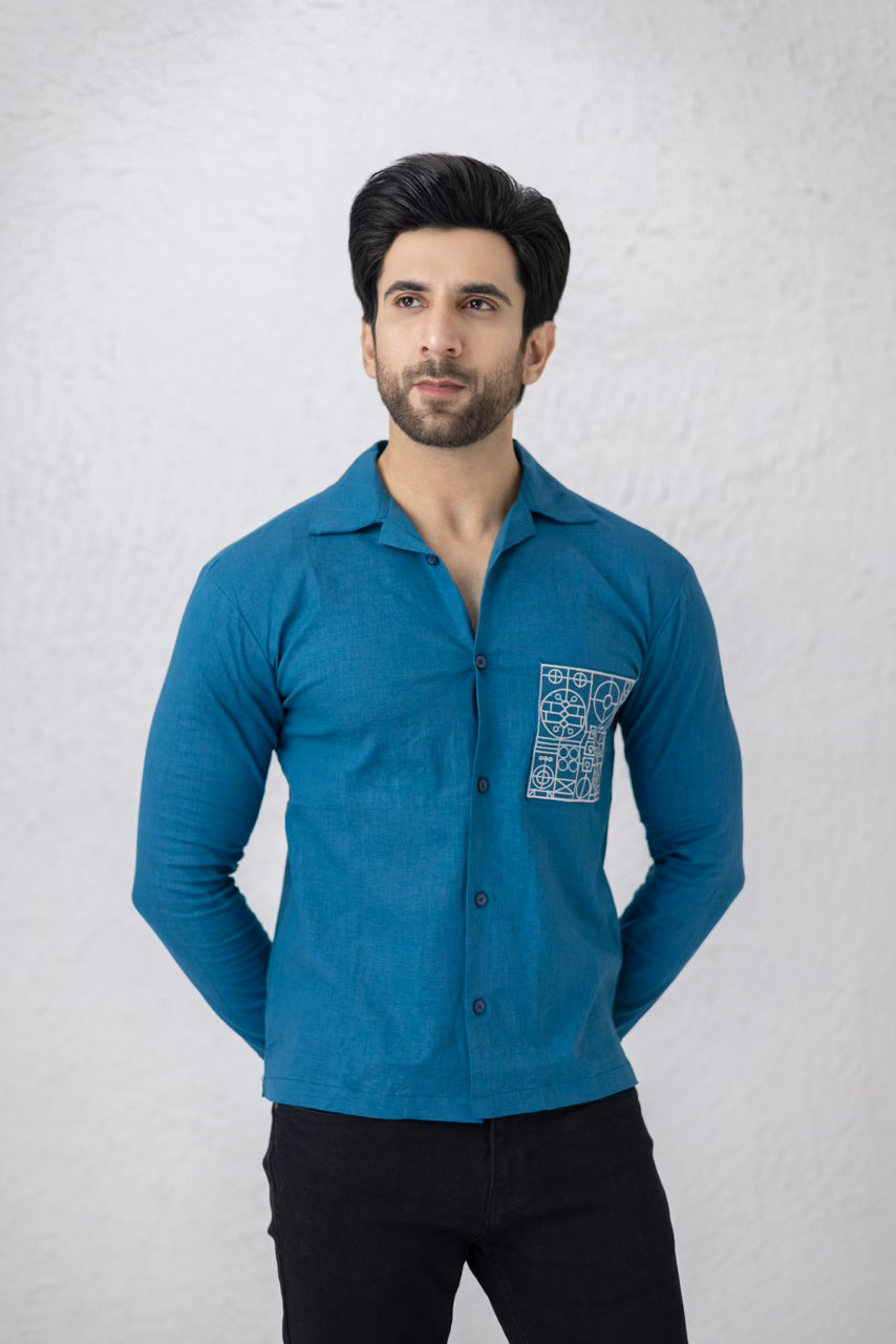 Men's blue embroidered irish cotton shirt