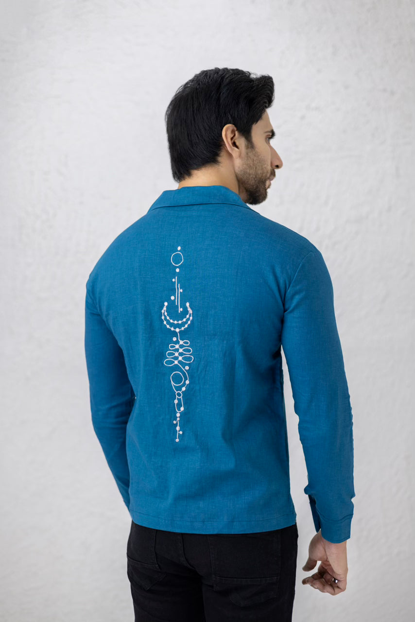 Men's blue embroidered irish cotton shirt