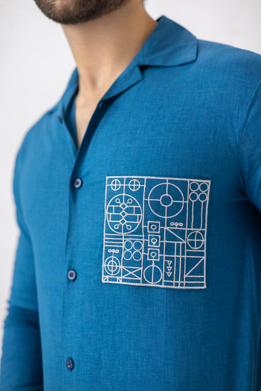 Men's blue embroidered irish cotton shirt