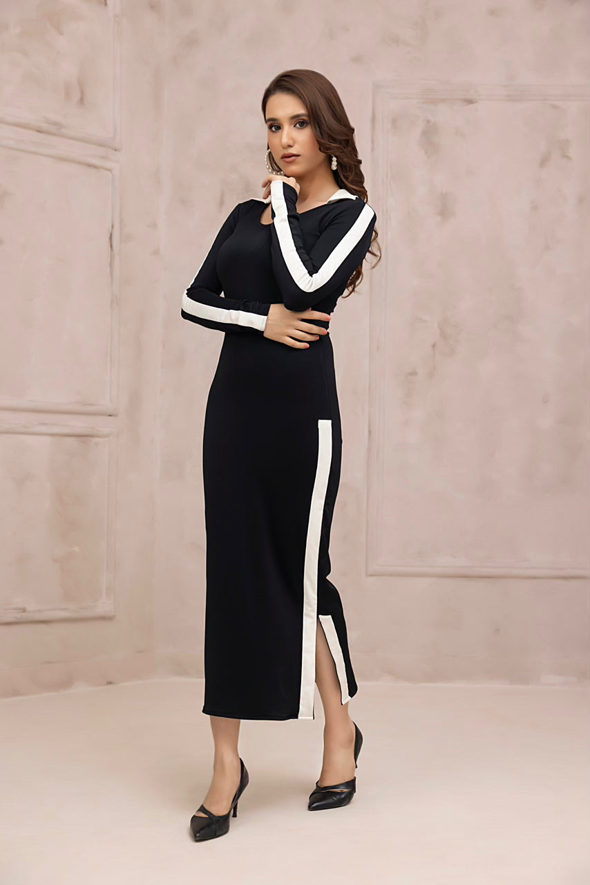 Women's black with white stripes collar bodycon dress.